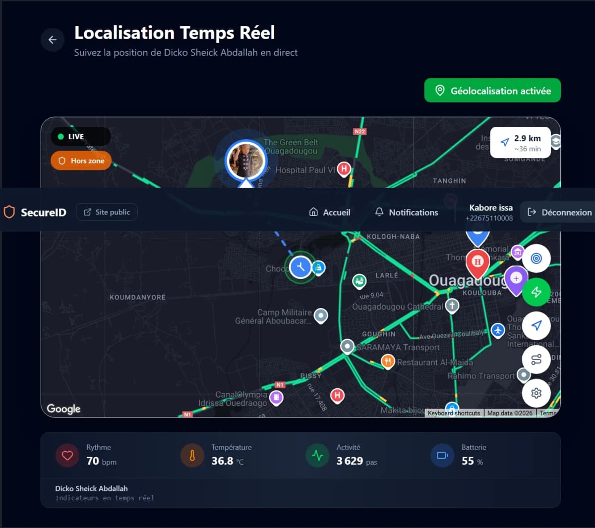Carte GPS Ouagadougou avec zones de sécurité configurées - Suivi temps réel